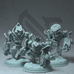 May include: Three unpainted gray resin miniature figures depicting humanoid tree creatures with textured bark-like surfaces, mushroom accents, and jagged limbs, each standing on a circular base with a detailed, rugged ground texture.