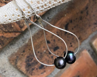 Sterling Silver and Black Freshwater Pearl Teardrop Earrings