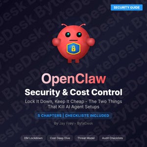 May include: A digital graphic with a red cartoon character holding a shield with a lock. The text reads "OpenClaw Security & Cost Control" with additional text about AI agent setups. A "Security Guide" banner is at the top.