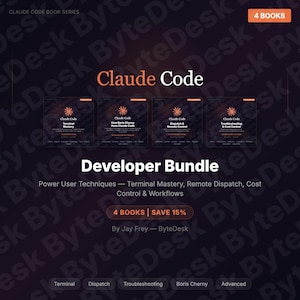 Puede incluir: Un paquete de cuatro libros de la serie Claude Code, que cubren temas como la maestría de terminal y el despacho remoto. El título "Claude Code" está en naranja y blanco. Las palabras "Developer Bundle" se muestran debajo.