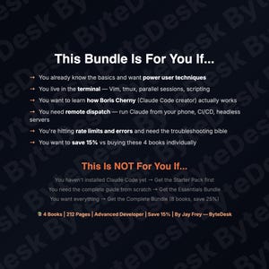 May include: A dark background with white text that reads "This Bundle Is For You If..." followed by bullet points about advanced developer techniques. The text also includes "This Is NOT For You If..." and details about the bundle, including "4 Books | 212 Pages | Advanced Developer | Save 15%"