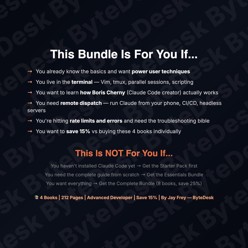 May include: A dark background with white text that reads "This Bundle Is For You If..." followed by bullet points about advanced developer techniques. The text also includes "This Is NOT For You If..." and details about the bundle, including "4 Books | 212 Pages | Advanced Developer | Save 15%"
