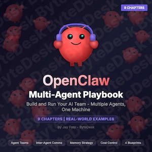 May include: A dark blue graphic with the title "OpenClaw Multi-Agent Playbook". The image features a red cartoon character with headphones and the text "Build and Run Your AI Team - Multiple Agents, One Machine". The image also includes the text "9 Chapters | Real-World Examples".