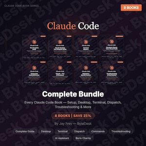 Puede incluir: Un paquete completo de ocho libros "Claude Code". Las portadas de los libros incluyen títulos como "The Complete Guide" y "Terminal Mastery". Los libros están dispuestos sobre un fondo oscuro, con el texto "Complete Bundle" y "Save 25%" visible.