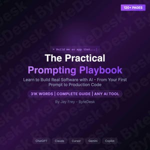Könnte beinhalten: Ein Buchcover mit einem lila Farbverlauf im Hintergrund. Der Titel lautet "The Practical Prompting Playbook" in weißem und lila Text. Das Cover enthält auch den Text "Learn to Build Real Software with AI" und erwähnt "31K WORDS | COMPLETE GUIDE".