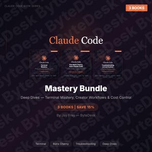 May include: A promotional image for the "Claude Code" book series, featuring three books in a bundle. The books have dark covers with orange accents and titles like "Terminal Mastery." The text includes "Mastery Bundle" and "Save 15%."