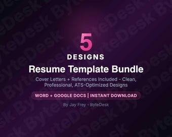 ATS Friendly Resume Template Bundle | 5 Designs, Cover Letters, References (Word, Google Docs)