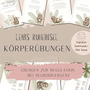 Könnte beinhalten: Ein digitales Kartenset zum Ausdrucken mit Faultier-Illustrationen und deutschem Text. Die Karten tragen Titel wie Lenis Sensorische Sofort-Helfer und Lenis Ruheinsel Körperübungen, ergänzt durch zarte grüne Blumenmotive und ein Druckersymbol.