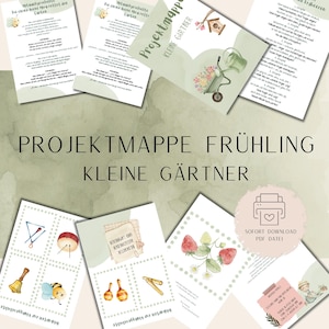 Puede incluir: Un conjunto de materiales educativos imprimibles con temática de primavera. El título "Projektmappe Frühling Kleine Gärtner" se muestra de forma destacada. Las imágenes incluyen ilustraciones de herramientas de jardinería, instrumentos musicales y fresas. También se ve la frase "SOFORT DOWNLOAD PDF DATEI".
