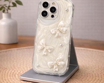 3D Bow Pearl iPhone Case, Korean Silicone Phone Cover