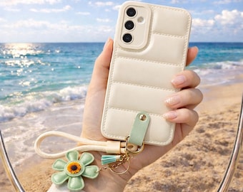 Sunflower Wrist Strap Samsung Phone Case – Puffy Jacket Style, Shockproof Protection