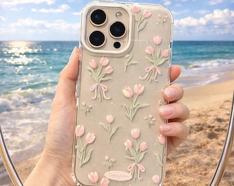 Pink Tulip Floral iPhone Case, Transparent Shockproof Phone Cover