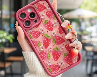 Strawberry Floral iPhone Case with Pendant Chain, Protective Silicone Phone Accessory