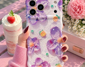 Floral Laser Oil Painting iPhone Case, Wave Edge Luxury Phone Cover
