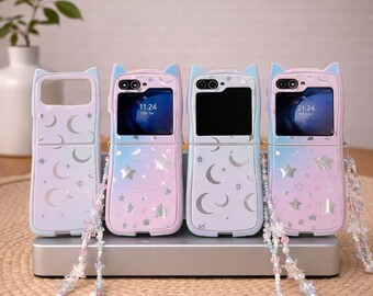 Star Moon Mirror Samsung Z Flip Case with Chain, Protective Phone Accessory