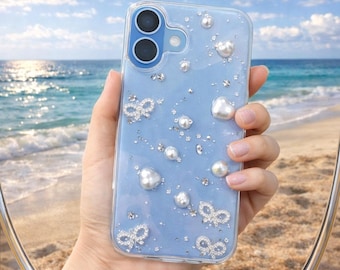 3D Pearl Bow iPhone Case, Clear Silver Foil Bumper, Shockproof Protection