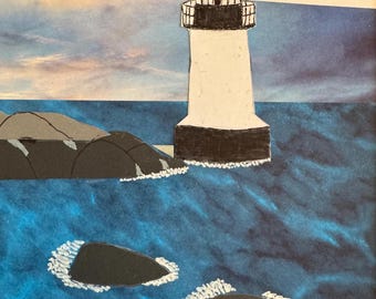 Stormy Lighthouse, 11 x 14 Original Collage Art, Coastal Art