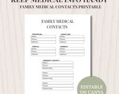 Emergency Contact Printable | Family Medical Info Sheet | Doctor List Organizer | Instant PDF