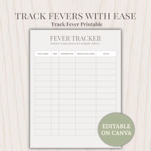 Può includere: Un rilevatore di febbre stampabile con il testo "Track Fevers With Ease" e "Fever Tracker". Il grafico include colonne per il nome del bambino, l'ora, la temperatura, i farmaci e le note. È presente anche il testo "Editable on Canva".