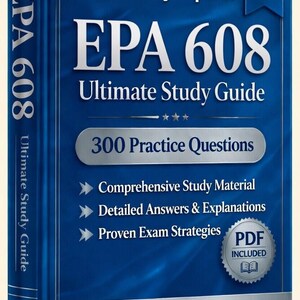 Puede incluir: Un libro azul titulado "EPA 608 Ultimate Study Guide" con el texto "Verified By Experts" y "2026 Edition". La portada incluye "300 Practice Questions" y viñetas para material de estudio, respuestas y estrategias de examen. Se incluye un PDF.
