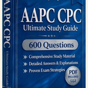 May include: A blue book titled AAPC CPC Ultimate Study Guide 2026 Edition. The cover features the text Verified By Experts, 600 Questions, Comprehensive Study Material, Detailed Answers & Explanations, Proven Exam Strategies, and PDF Included.