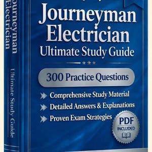 May include: A blue book titled "Journeyman Electrician Ultimate Study Guide" with "2026 Edition" text. The cover includes "Verified By Experts", "300 Practice Questions", and "PDF Included". It also lists "Comprehensive Study Material", "Detailed Answers & Explanations", and "Proven Exam Strategies".