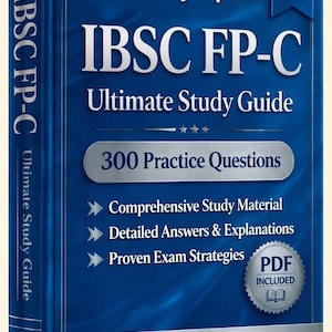 以下が含まれることがあります： 「IBSC FP-C Ultimate Study Guide」と書かれた青い本。 「Verified By Experts」と「2026 Edition」の文字。 表紙には300の練習問題、包括的な学習資料、試験戦略が記載。 PDFが含まれています。