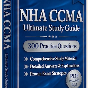 Pode incluir: Um livro azul NHA CCMA Ultimate Study Guide para o exame de 2026. A capa apresenta o texto Verified By Experts, 300 Practice Questions, Comprehensive Study Material, Detailed Answers & Explanations e Proven Exam Strategies com um ícone PDF.