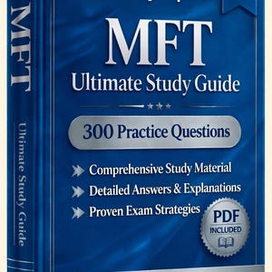 Puede incluir: Un libro azul titulado "MFT Ultimate Study Guide" con el texto "Verified By Experts" y "2026 Edition". La portada destaca "300 Practice Questions" y "Comprehensive Study Material".