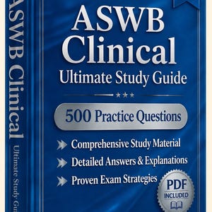 May include: A blue 2026 edition ASWB Clinical Ultimate Study Guide book featuring the text Verified By Experts, 500 Practice Questions, Comprehensive Study Material, Detailed Answers & Explanations, Proven Exam Strategies, and a PDF Included badge.