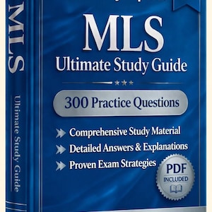 May include: A blue book titled "MLS Ultimate Study Guide" with the text "Verified By Experts" and "2026 Edition." The cover includes "300 Practice Questions" and "Comprehensive Study Material." A PDF is included.