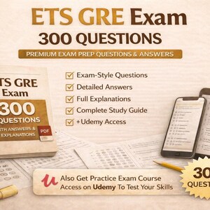 May include: An ETS GRE exam prep guide with the text "300 QUESTIONS" and "Premium Exam Prep Questions & Answers." The image includes a spiral-bound book, a smartphone, and a tablet, all displaying exam content. Additional text highlights features like exam-style questions and Udemy access.