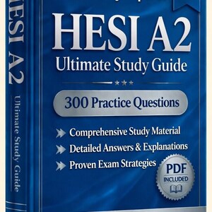 May include: A blue HESI A2 Ultimate Study Guide 2026 Edition book featuring white text that reads Verified By Experts, 300 Practice Questions, Comprehensive Study Material, Detailed Answers & Explanations, Proven Exam Strategies, and PDF Included.