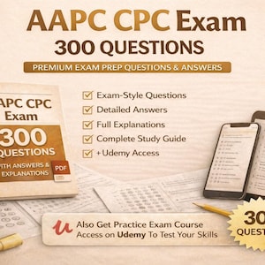 May include: Image of a study guide for the AAPC CPC Exam, featuring a spiral-bound book, a smartphone, and a tablet. The book cover displays "AAPC CPC Exam 300 QUESTIONS". The image also includes exam-style questions, detailed answers, and Udemy access.