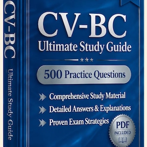 May include: A blue study guide book titled CV-BC Ultimate Study Guide 2026 Edition. The cover features the text Verified By Experts, 500 Practice Questions, Comprehensive Study Material, Detailed Answers & Explanations, and Proven Exam Strategies.