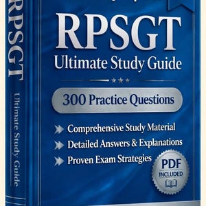 May include: A blue study guide titled "RPSGT Ultimate Study Guide" with "2026 Edition" displayed. The cover includes "Verified By Experts," "300 Practice Questions," and bullet points for study material, answers, and exam strategies. A PDF is included.