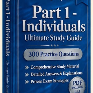 Op de afbeelding: Een blauw boek met de titel "Part 1 - Individuals Ultimate Study Guide" met de tekst "Verified By Experts" en "2026 Edition". De cover bevat "300 Practice Questions" en de tekst "PDF Included".