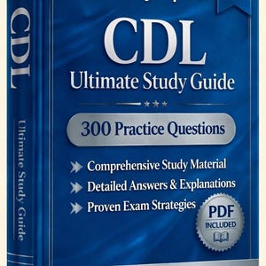 May include: A blue book titled CDL Ultimate Study Guide 2026 Edition. The cover features the text Verified By Experts, 300 Practice Questions, Comprehensive Study Material, Detailed Answers & Explanations, Proven Exam Strategies, and PDF Included.