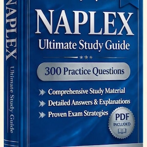 May include: A blue hardcover book titled NAPLEX Ultimate Study Guide 2026 Edition. The cover features white text including Verified By Experts, 300 Practice Questions, Comprehensive Study Material, Detailed Answers & Explanations, and Proven Exam Strategies.