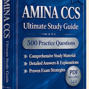 以下が含まれることがあります： AMINA CCS Ultimate Study Guide 2026 Editionというタイトルの青い本。表紙にはVerified By Experts、500 Practice Questions、Comprehensive Study Material、Detailed Answers & Explanations、Proven Exam Strategies、PDF Includedというテキストが記載されています。