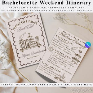 Può includere: Due modelli di itinerario beige per un weekend di addio al nubilato, con il testo "Prosecco & Pages Book Club". Un modello ha un bordo decorativo e un disegno di libri e champagne. L'altro elenca gli eventi del fine settimana.