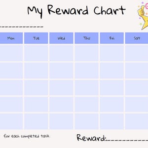 Może przedstawiać: Tabela nagród z napisem "My Reward Chart". Zawiera miejsce na imię, siatkę na dni tygodnia i zadania takie jak "Mycie zębów" i "Praca domowa". Gwiazda z kciukiem w górę mówi "Great Job".