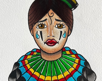 Clown Lady Tattoo Art: Aquarell handbemalte Wanddekoration