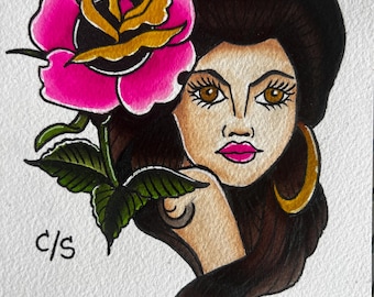 Portrait de femme à l'aquarelle peint à la main avec une rose rose - Art de style tatouage
