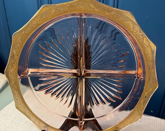 Vintage Pink Depression Glass with gold trim Octagonal Plate Set of 6 with Divided Serving Dish