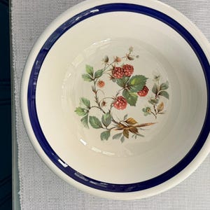 May include: A round, off-white ceramic bowl featuring a wide, dark blue band around the interior rim. The center of the bowl is decorated with a detailed botanical illustration of red raspberries, green leaves, and small white flowers on thin stems.