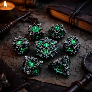 May include: A collection of seven ornate, multi-sided dice with a metallic silver finish and glowing green numbers. The dice are arranged on a textured surface, suggesting a tabletop game setting. The numbers are clearly visible, and the overall aesthetic is fantasy-themed.