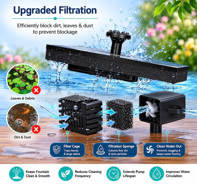 以下が含まれることがあります： 「Upgraded Filtration」のテキストが入った黒い噴水ろ過システム。 フィルターケージ、ろ過スポンジ、水出口が含まれています。 汚れ、葉、ほこりを効果的にブロックして、詰まりを防ぎます。