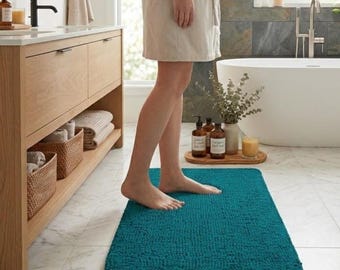 Plush Chenille Bath Mat, Non-Slip Absorbent Bathroom Rug, Machine Washable