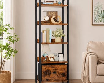 Tall Narrow Bookshelf with Drawer, 5 Tier Wood & Metal Bookcase, Industrial Storage Shelf